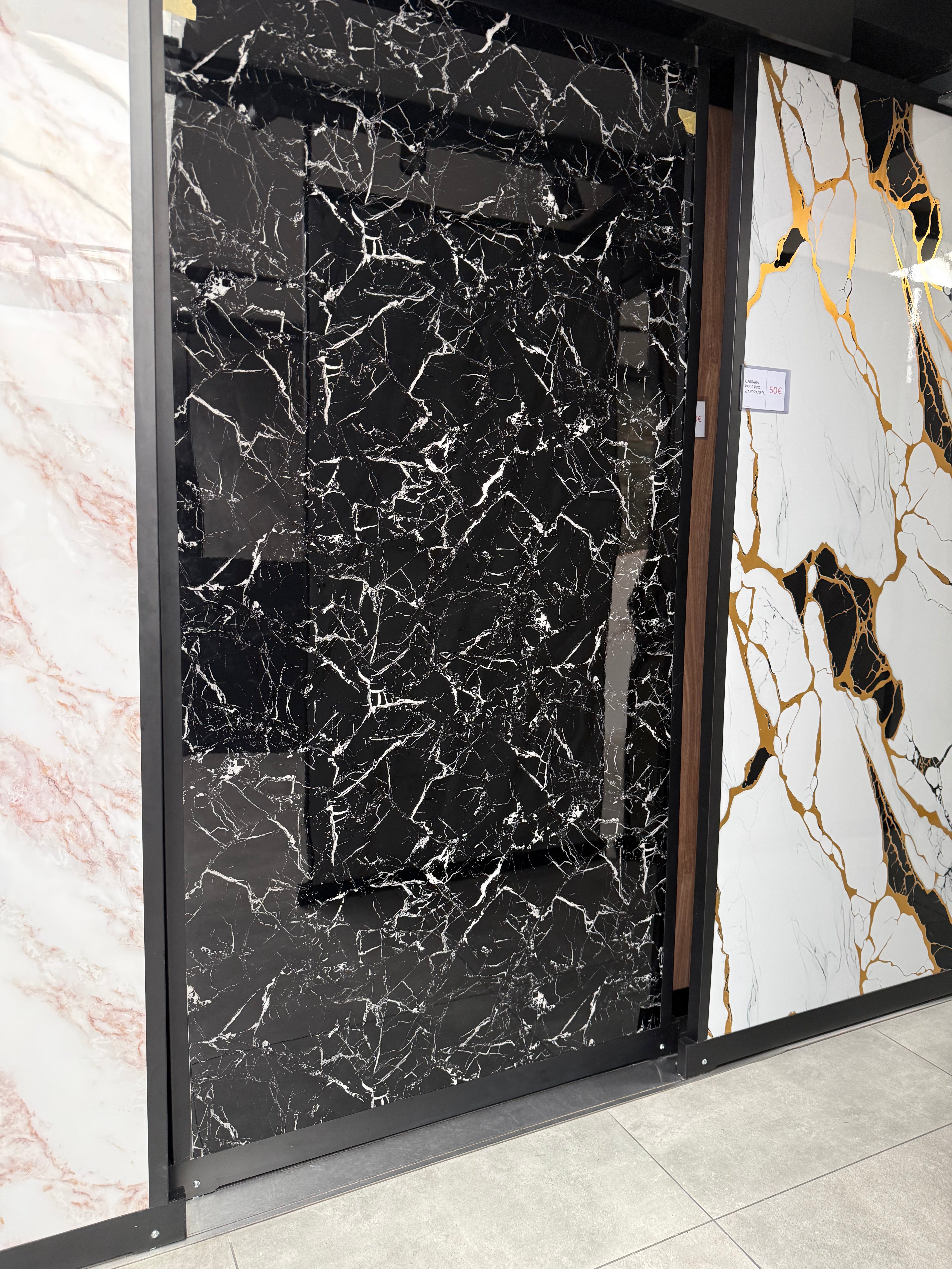 White veined PVC wall panel in black marble look | Luxurious decorative coating | 260×122 cm