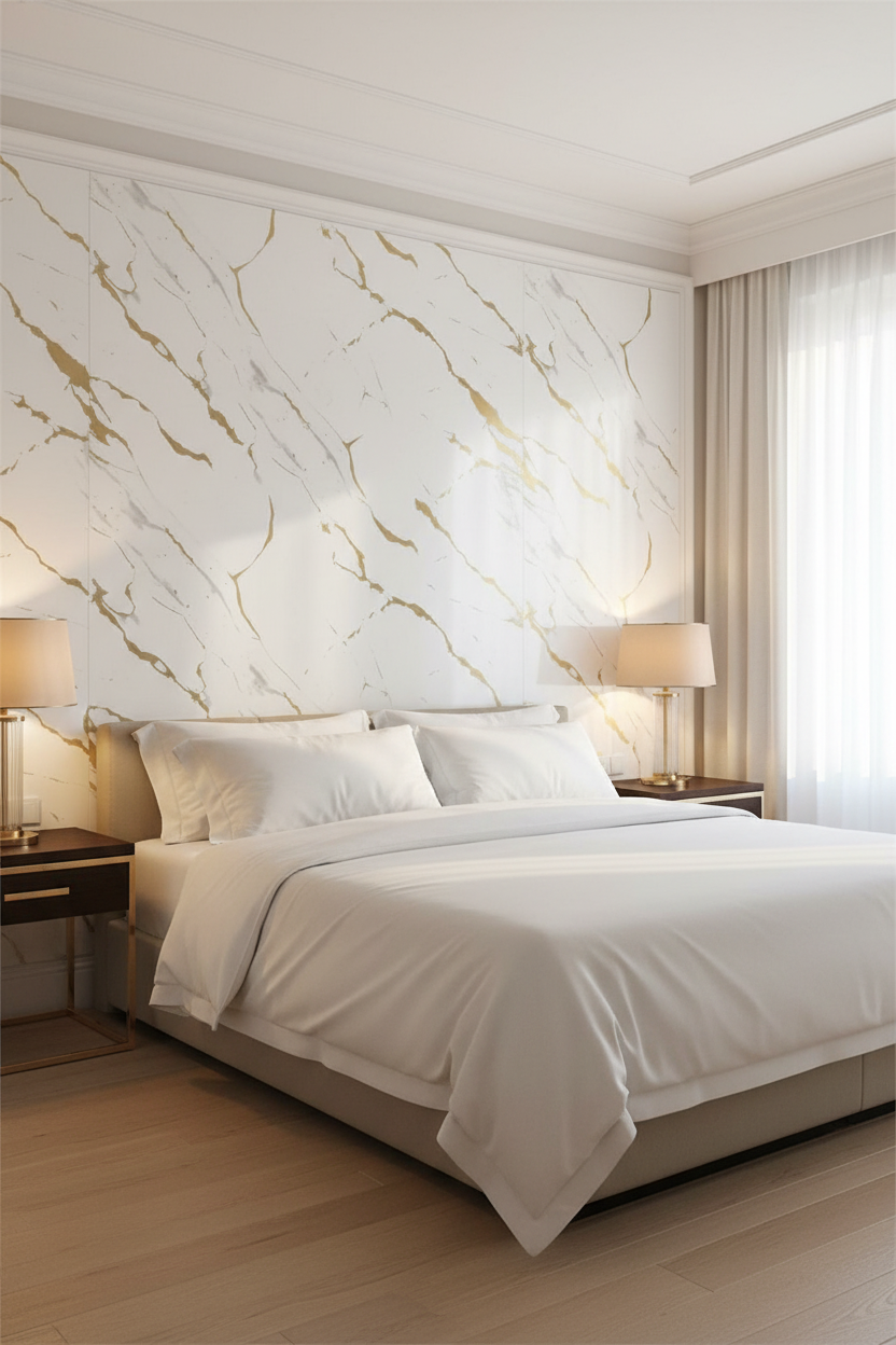 PVC Wandpaneel Deluxe Dubai Gold 280 × 122 cm – Weiß-Gold Marmoroptik, wasserdicht