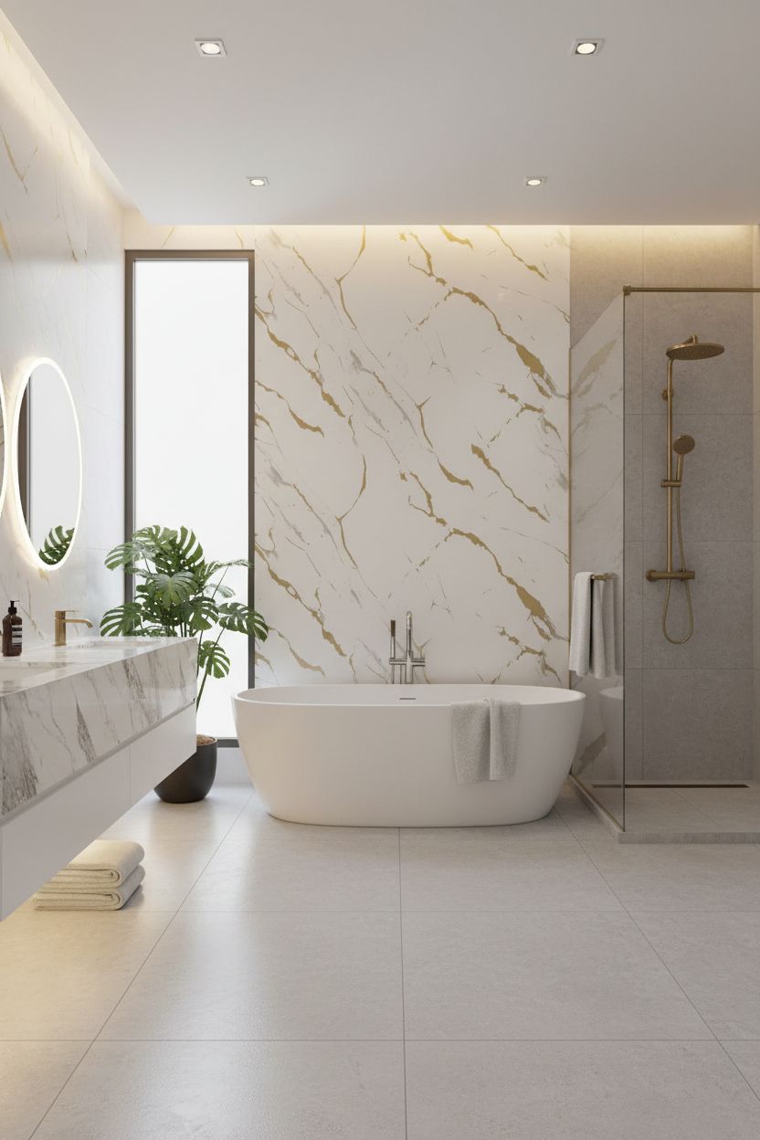 PVC Wandpaneel Deluxe Dubai Gold 280 × 122 cm – Weiß-Gold Marmoroptik, wasserdicht