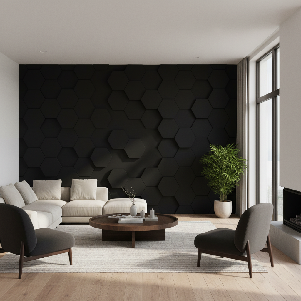 Hexagon Wandpaneel Schwarz 65 × 80 cm – Tiefschwarzes Design & Akustische Wirkung