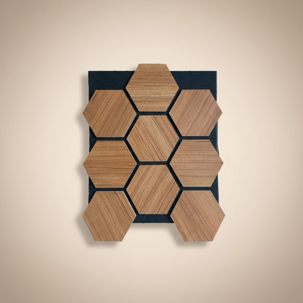 Hexagon Wandpaneel Teakholz-Optik 65 × 80 cm – Geometrisches Design & Akustische Wirkung
