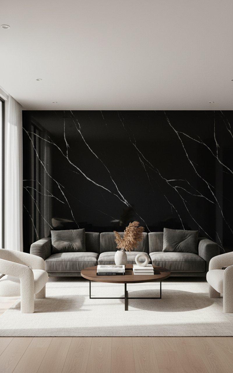 PVC Wandpaneel Carrara Schwarz 280 × 122 cm – Schwarze Marmoroptik, Wasserfest & Luxus Design