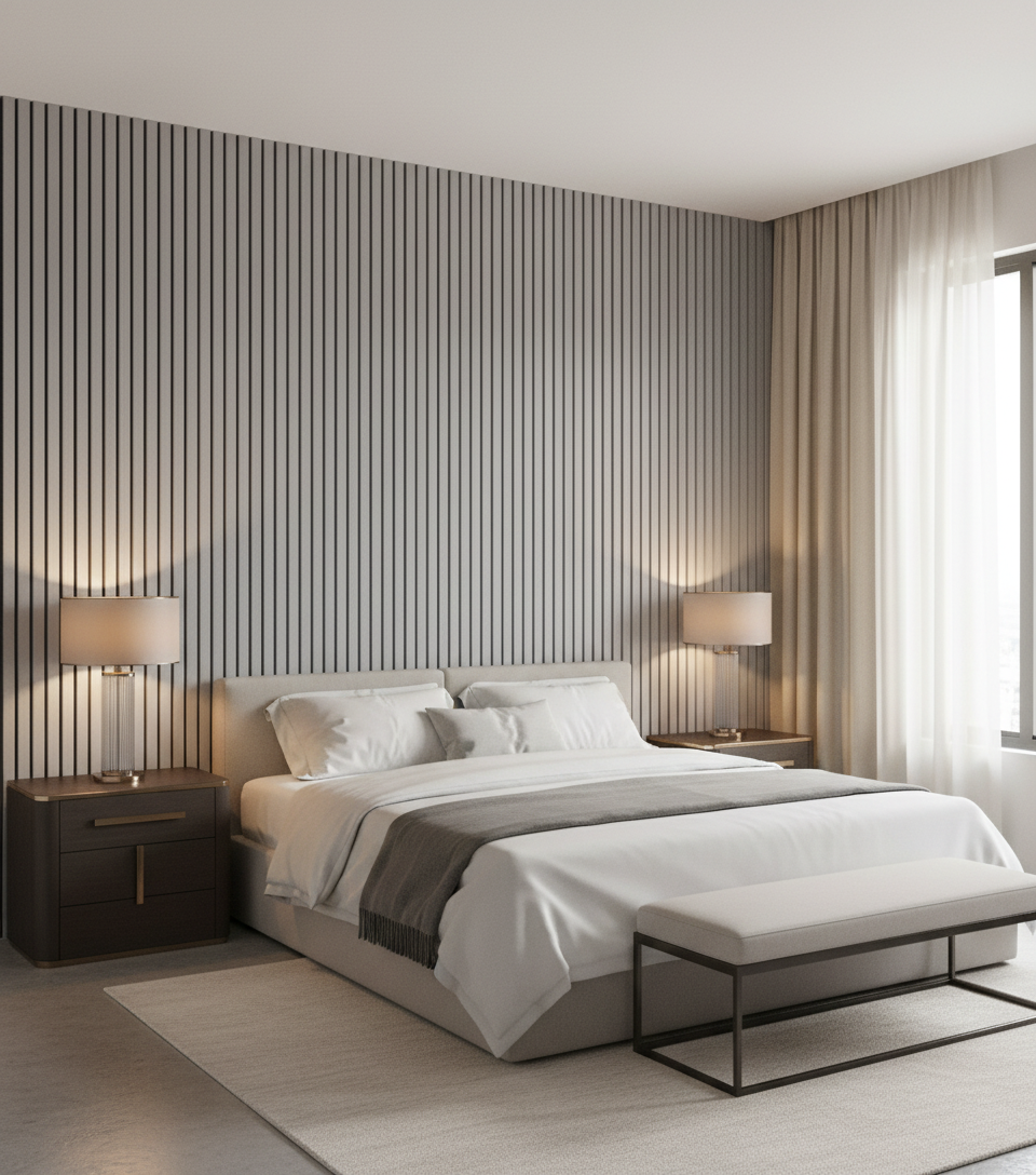 Akustik Wandpaneel Soft Grau 275×60 cm – Modernes Lamellenpaneel mit Schallabsorption