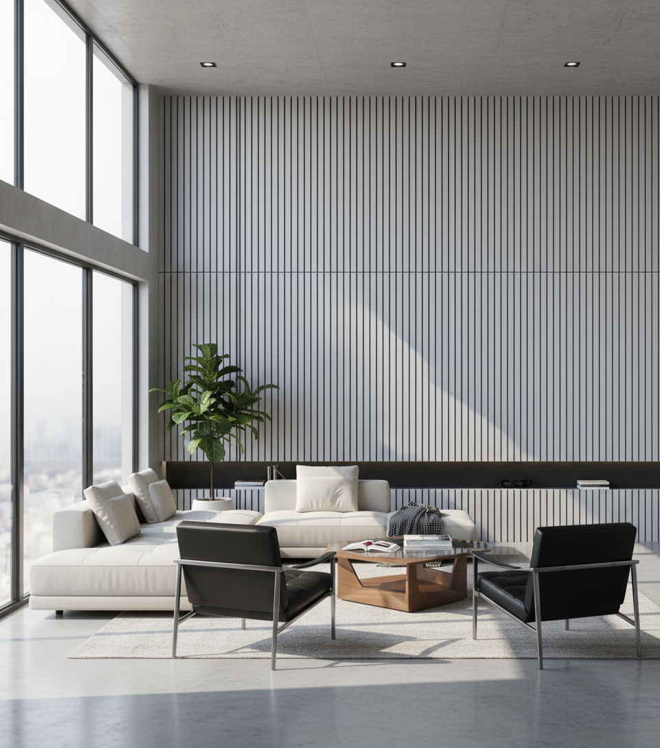 Akustik Wandpaneel Soft Grau 275×60 cm – Modernes Lamellenpaneel mit Schallabsorption