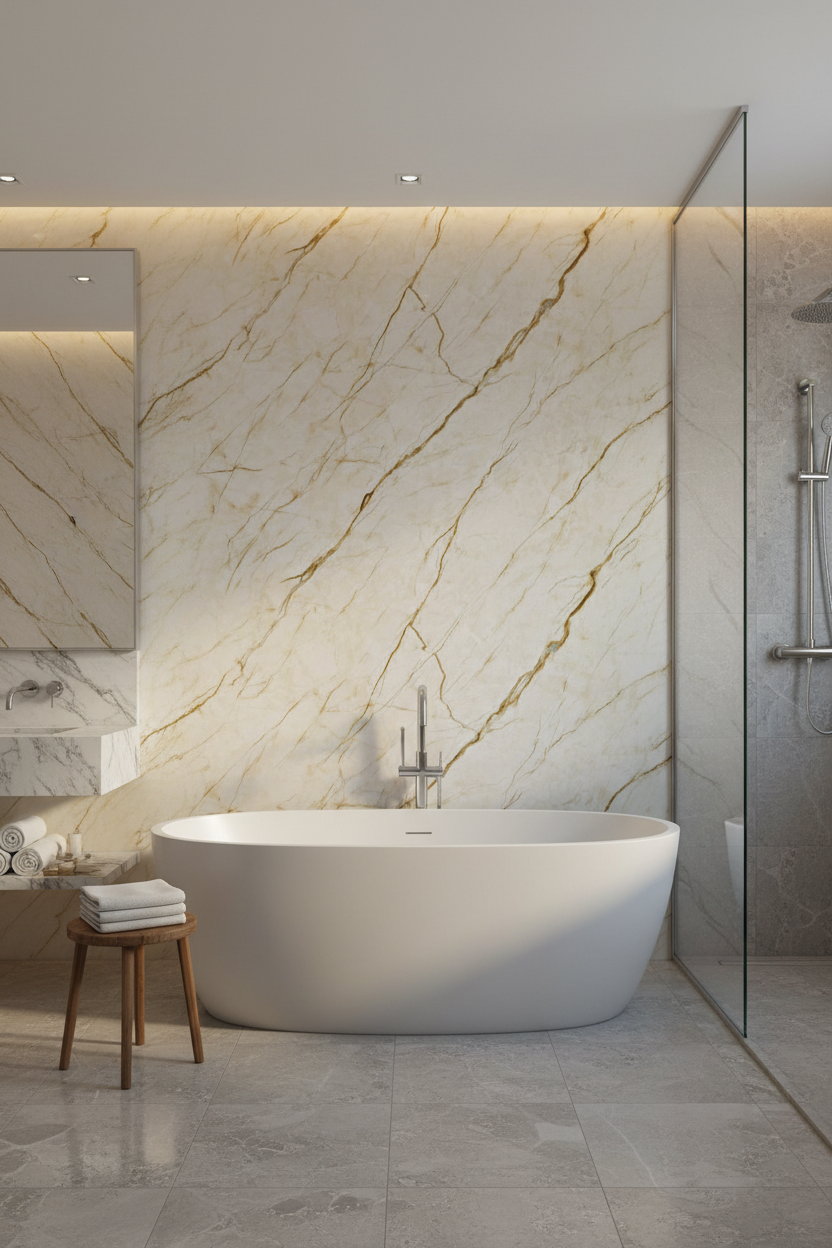 PVC stěnový panel 260 × 120 cm – Béžový mramorový vzhled (Bolzano Beige), voděodolný a bez spár