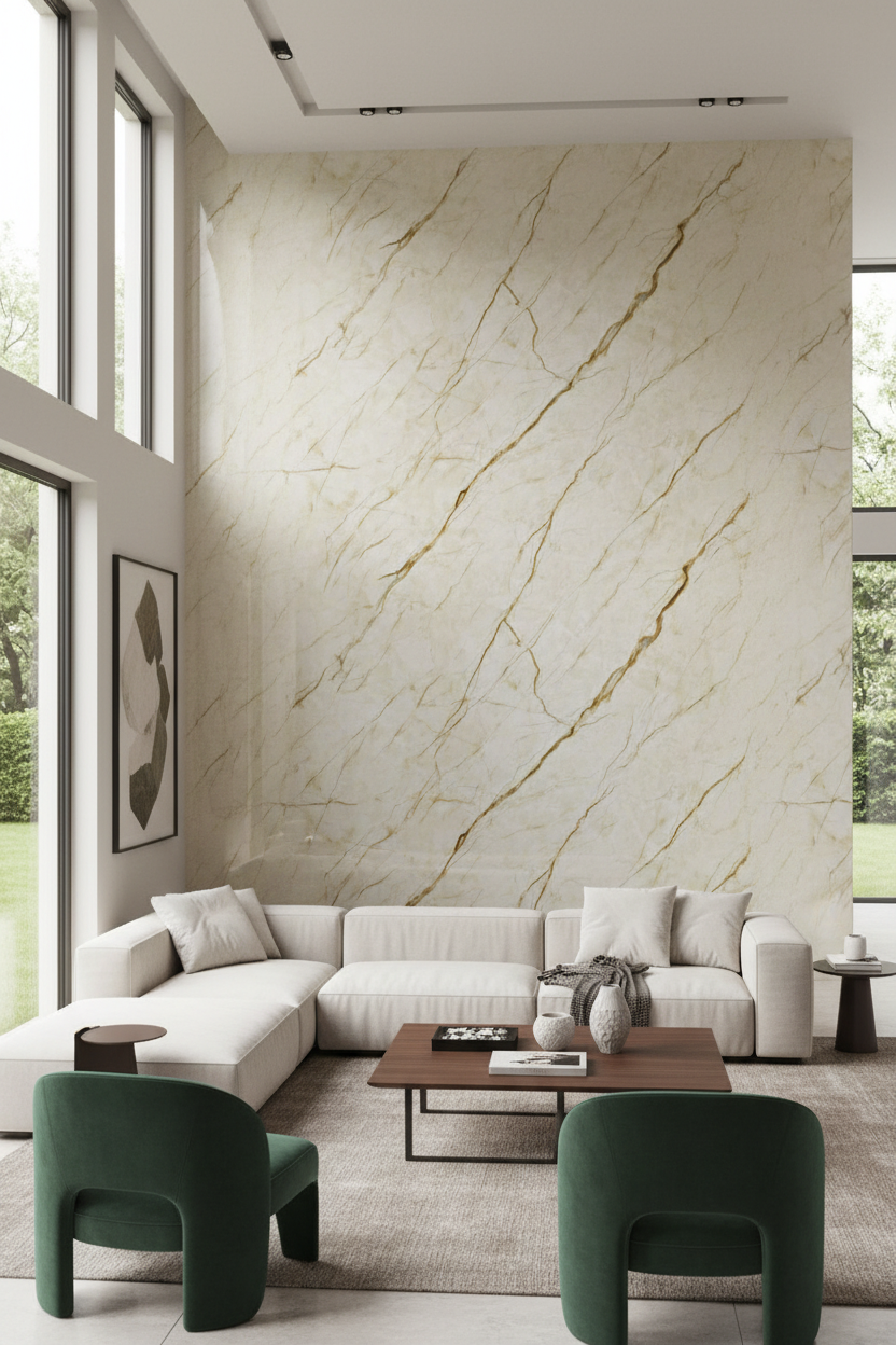 PVC stěnový panel 260 × 120 cm – Béžový mramorový vzhled (Bolzano Beige), voděodolný a bez spár