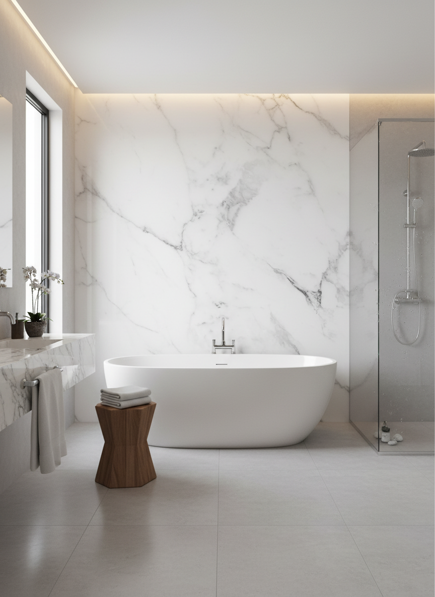 PVC stěnový panel 280 × 122 cm – Bílý Carrara mramorový vzhled, voděodolný a bez spár