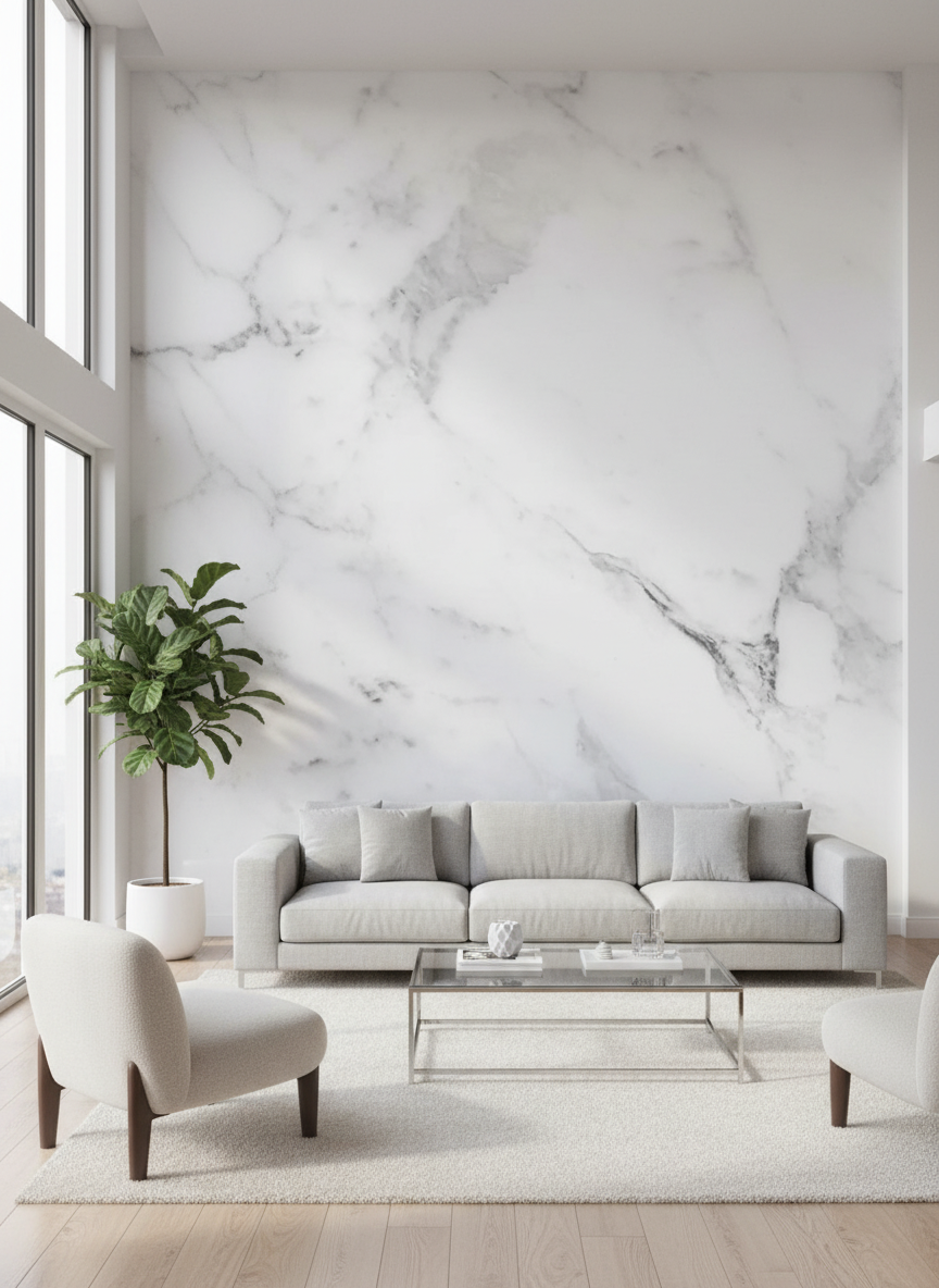 PVC stěnový panel 280 × 122 cm – Bílý Carrara mramorový vzhled, voděodolný a bez spár