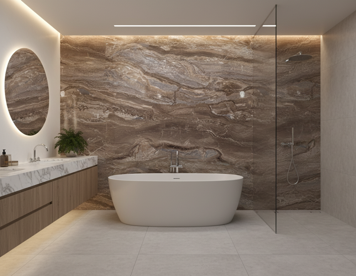 PVC Wandpaneel 280 × 122 cm – Arabisches Braun Marmoroptik, Wasserdicht & Derzfrei