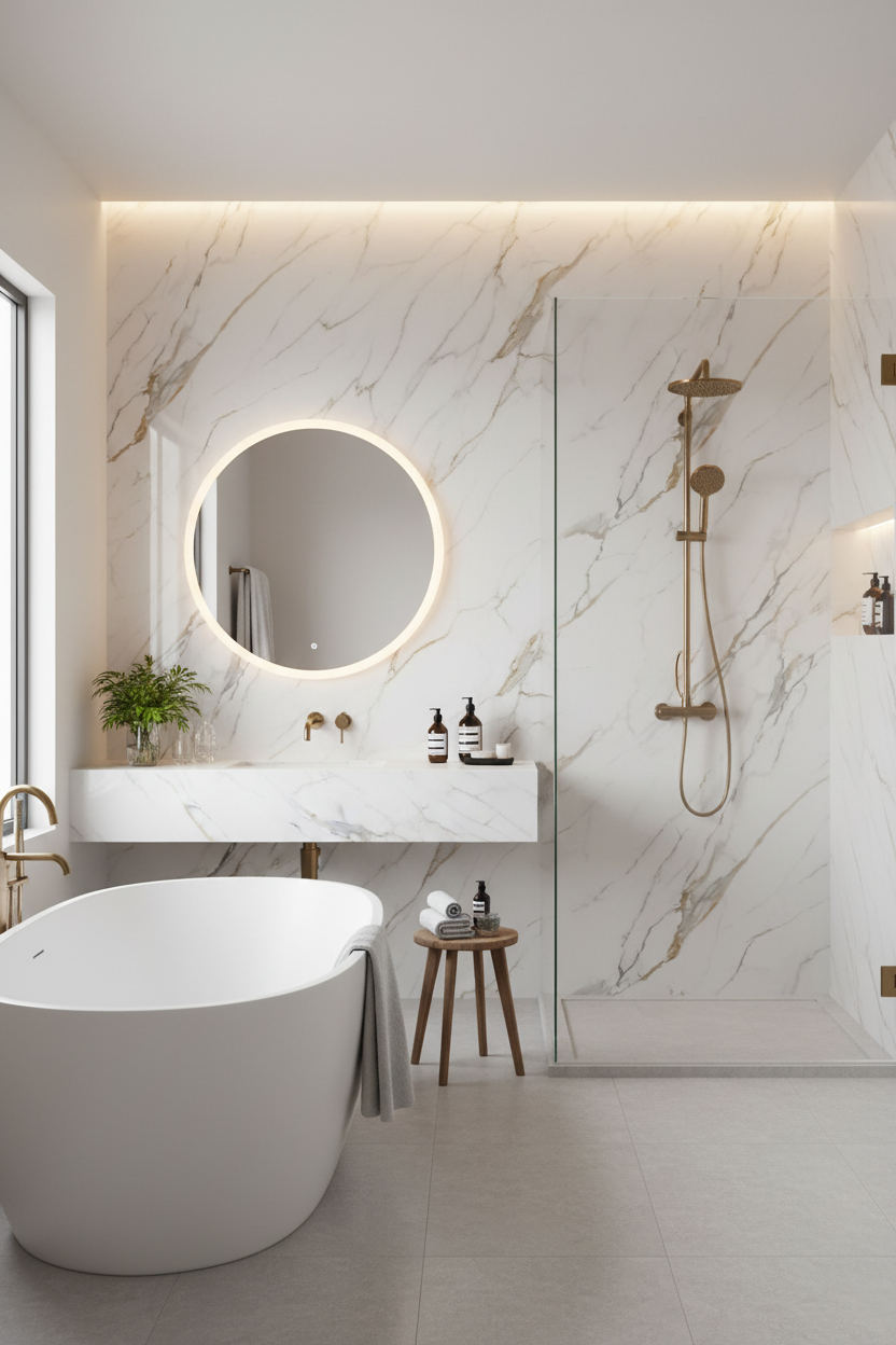 PVC Wandpaneel Marmoroptik Weiß mit Goldadern 280×120 cm – Wasserfest & Fugenlos für Bad & Küche