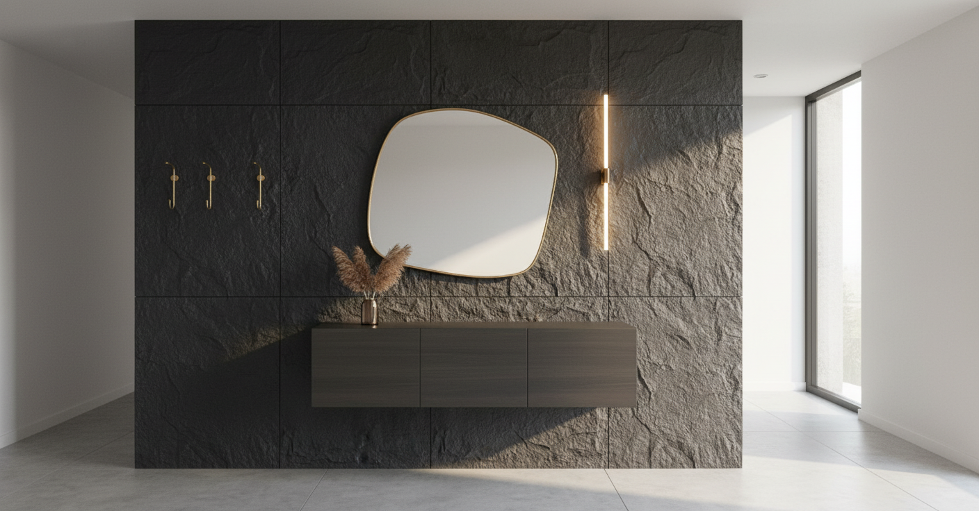 Černý nástěnný panel v kamenném vzhledu | Dekorativní obklad stěny s kamenným efektem | 60×120 cm