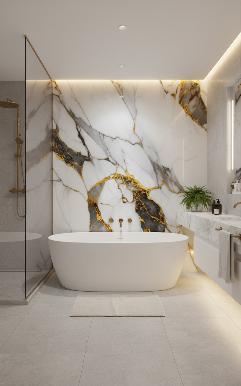 Volcano Gold Grau PVC-Wandplatte in Marmoroptik | Luxuriöse dekorative Beschichtung | 122×244 cm