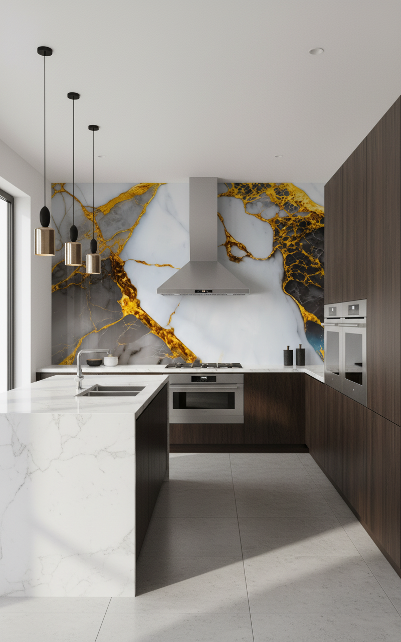 Volcano Gold Grau PVC-Wandplatte in Marmoroptik | Luxuriöse dekorative Beschichtung | 122×244 cm