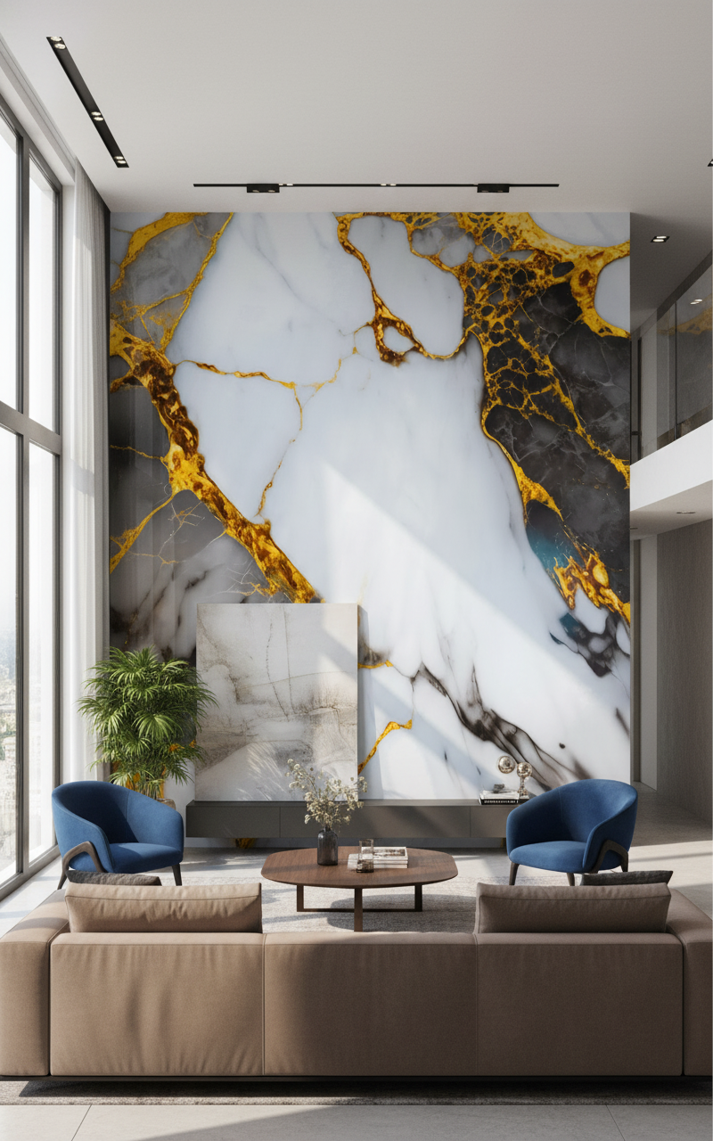 Volcano Gold Grau PVC-Wandplatte in Marmoroptik | Luxuriöse dekorative Beschichtung | 122×244 cm