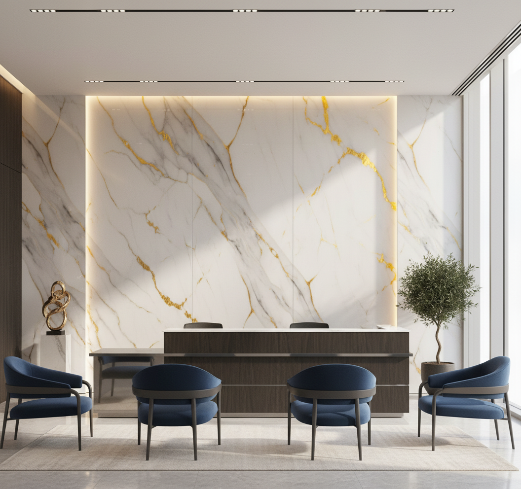 PVC-Wandpaneel in weißer Marmoroptik mit goldenen Adern | Luxuriöse dekorative Beschichtung | 122×244 cm