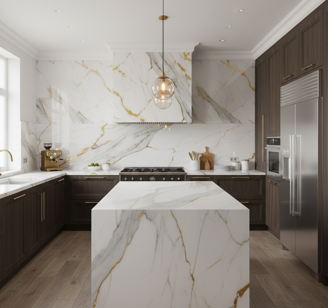 PVC-Wandpaneel in weißer Marmoroptik mit goldenen Adern | Luxuriöse dekorative Beschichtung | 122×244 cm