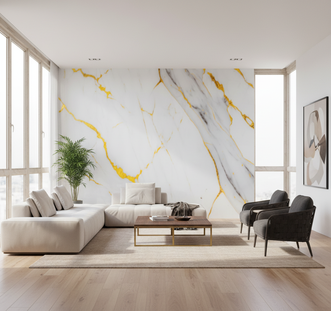 PVC-Wandpaneel in weißer Marmoroptik mit goldenen Adern | Luxuriöse dekorative Beschichtung | 122×244 cm