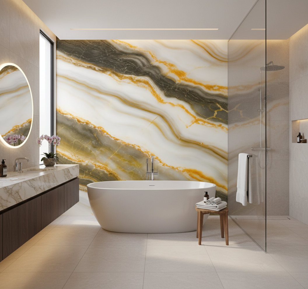 PVC wall panel in antique gold marble look | Luxurious decorative coating | 260×122 cm