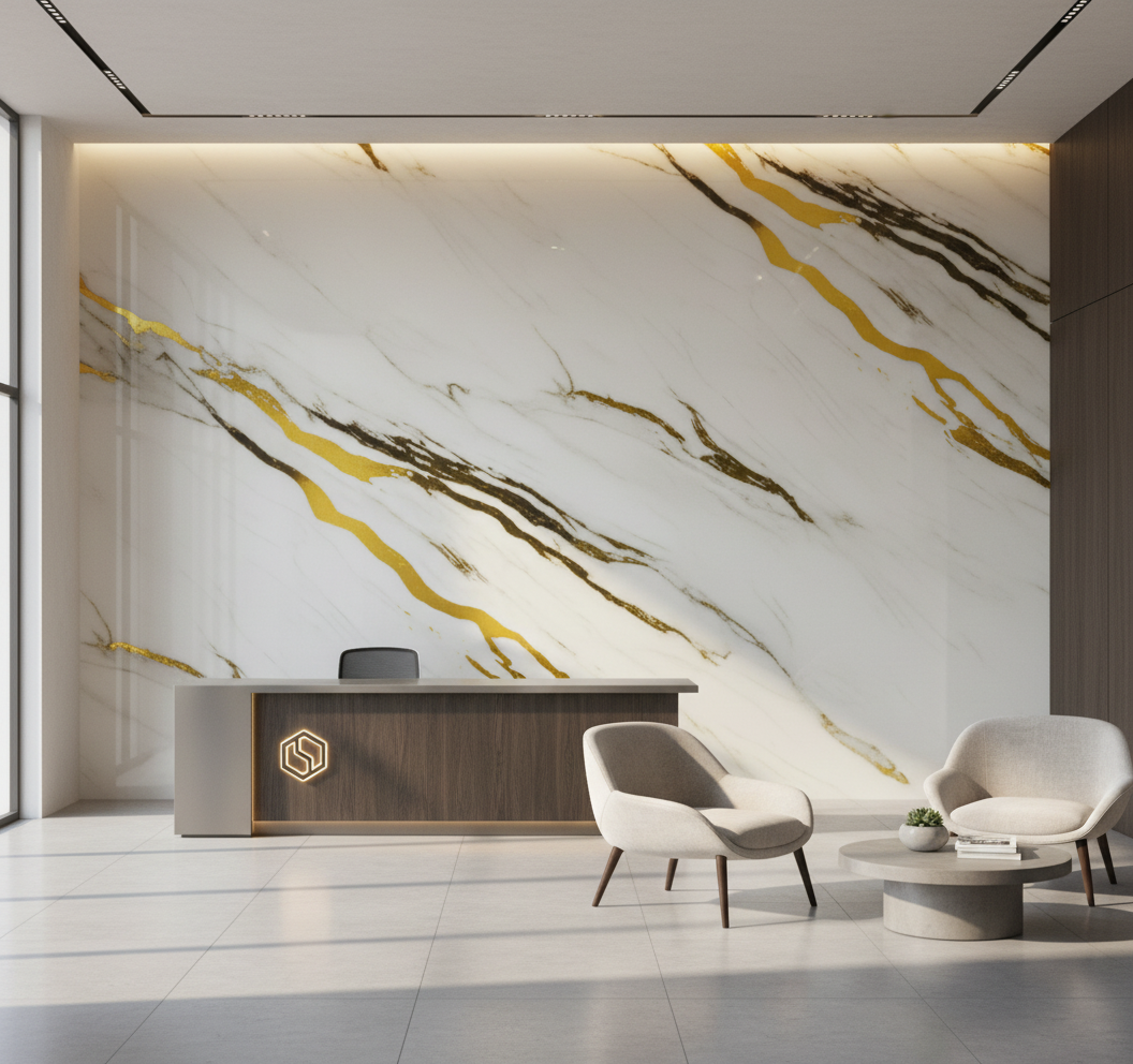 Goldgeäderte PVC-Wandplatte in Creme-Marmor-Optik | Dekorative Luxusbeschichtung | 122×244 cm