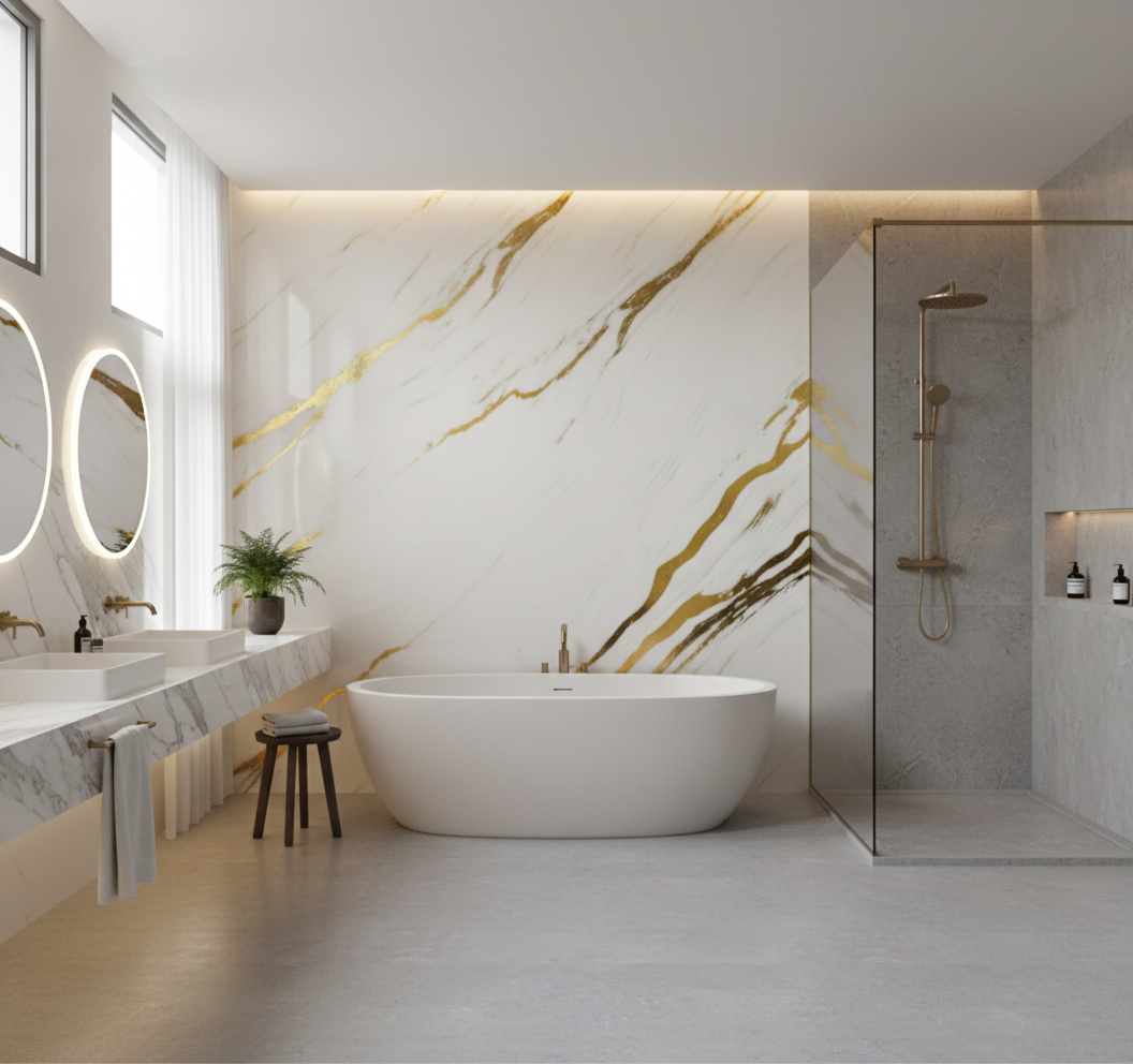 Gold veined PVC wall panel in cream marble look | Decorative luxury coating | 260×122 cm