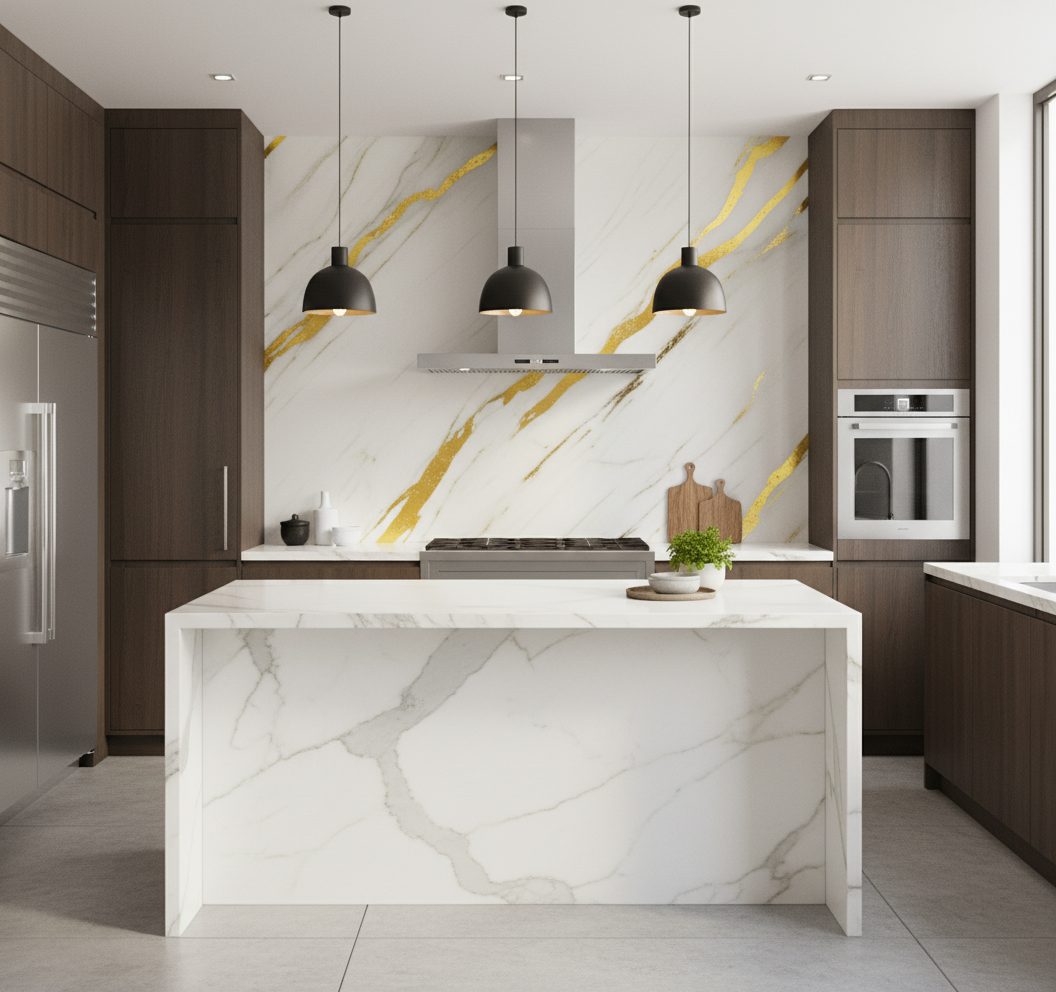 Gold veined PVC wall panel in cream marble look | Decorative luxury coating | 260×122 cm