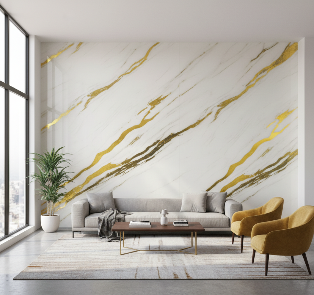 Gold veined PVC wall panel in cream marble look | Decorative luxury coating | 260×122 cm