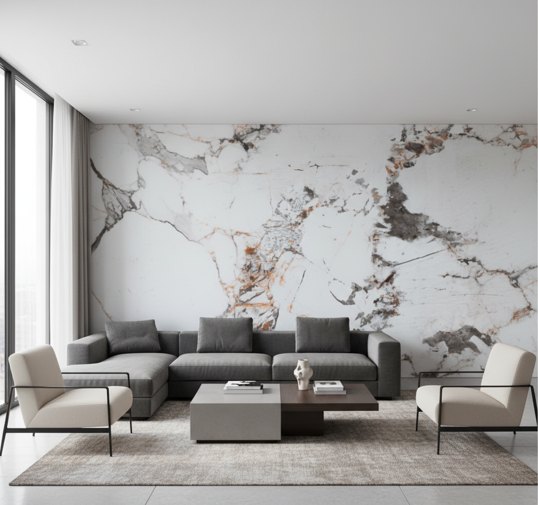 Gråhvid brudt marmorlook PVC-vægplade | Moderne dekorativ belægning | 260×122 cm