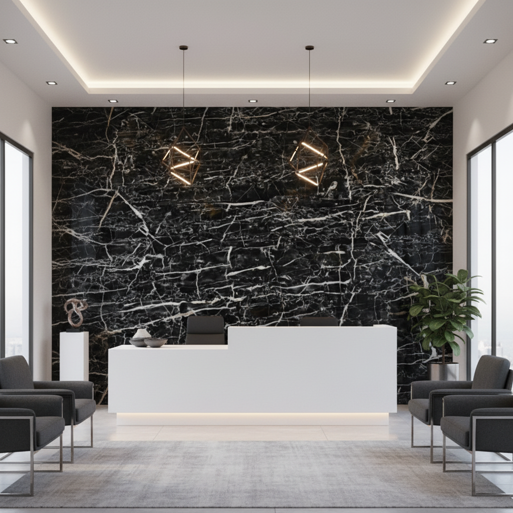 Weiß geäderte PVC-Wandplatte in schwarzer Marmoroptik | Luxuriöse Dekorationsbeschichtung | 122×244 cm