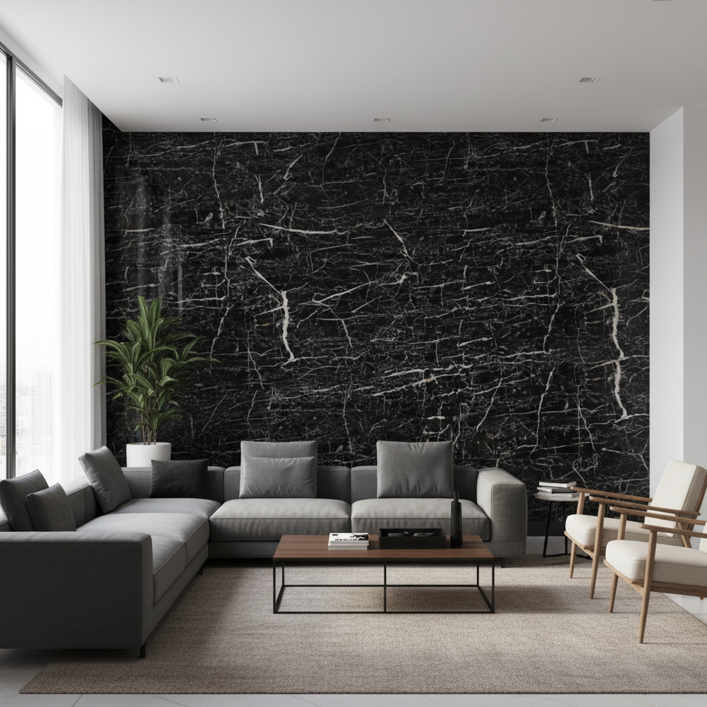 Hvidåret PVC-vægplade i sort marmorlook | Luksuriøs dekorationsbelægning | 260×122 cm