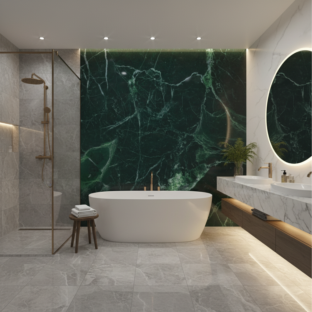PVC-vægpanel i grønt marmorlook | Naturstensmønstret luksusbelægning | 260×122 cm