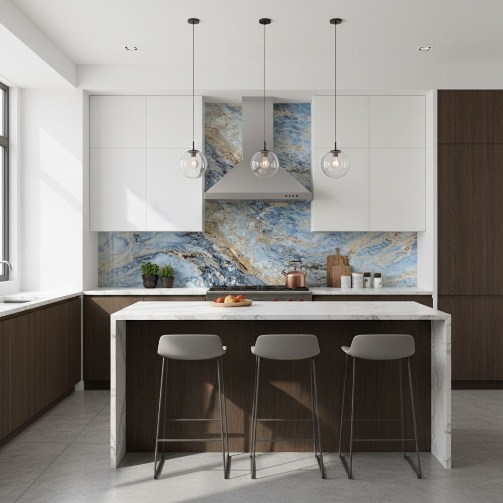 Blaue graue PVC-Wandplatte in Marmoroptik | Moderne Beschichtung mit Natursteinmuster | 122×244 cm