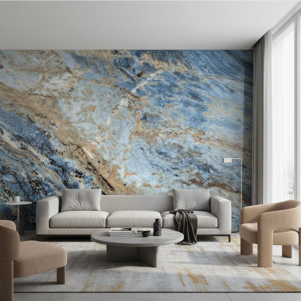 Blaue graue PVC-Wandplatte in Marmoroptik | Moderne Beschichtung mit Natursteinmuster | 122×244 cm