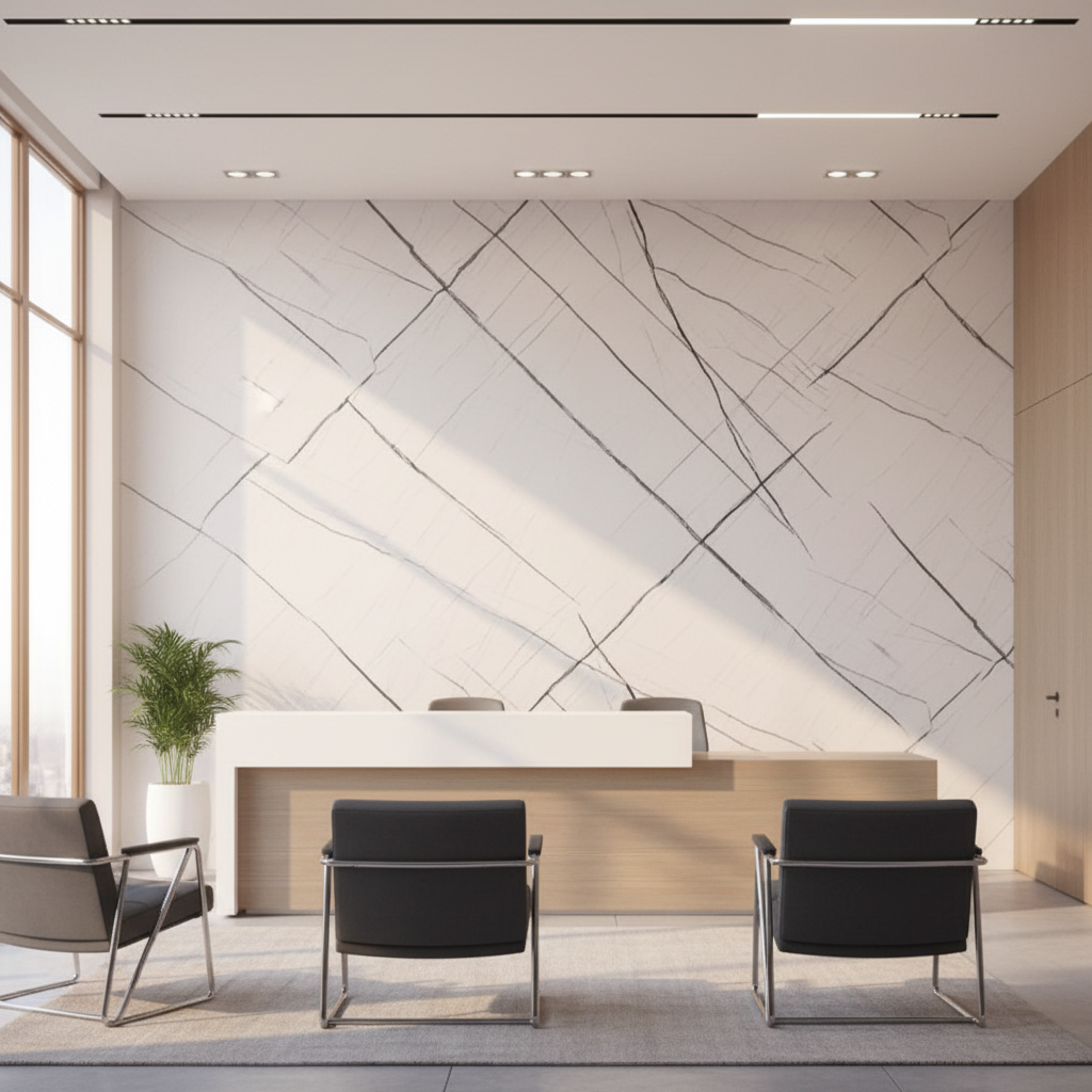 Weiße lineare PVC-Wandpaneele in Marmoroptik | Modernes minimales Steinmuster | 122×244 cm