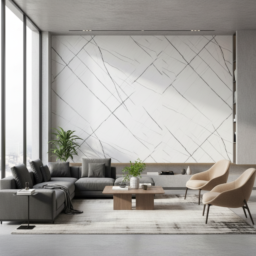 Hvide lineære PVC-vægpaneler i marmorlook | Moderne minimalistisk stenmønster | 260x120 cm