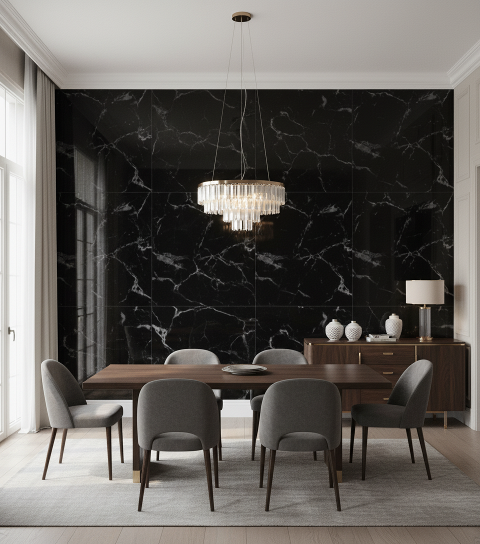 PVC vægpanel Sort hvid marmorlook 260 x 122 cm – Vandtæt & moderne