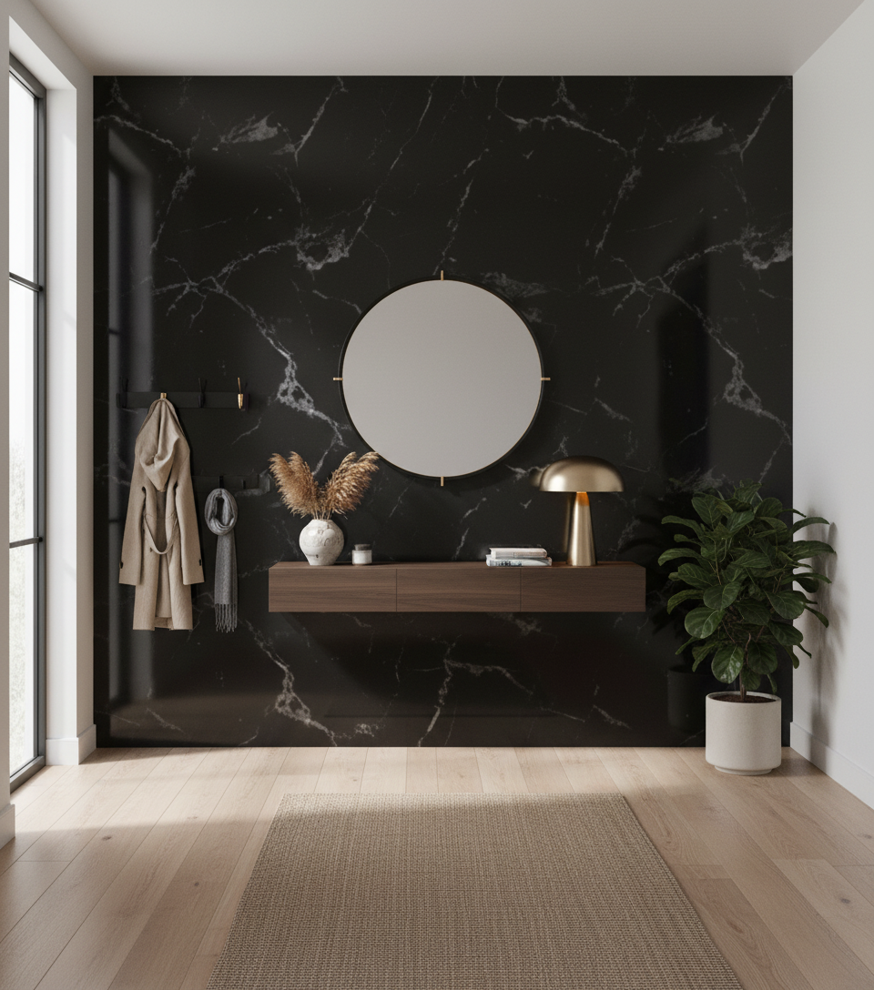PVC vægpanel Sort hvid marmorlook 260 x 122 cm – Vandtæt & moderne