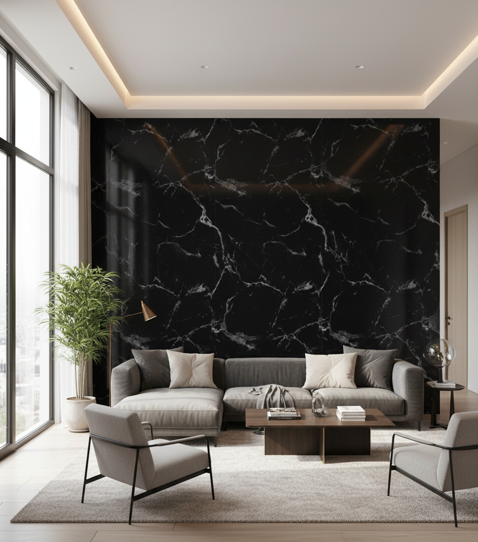 PVC vægpanel Sort hvid marmorlook 260 x 122 cm – Vandtæt & moderne