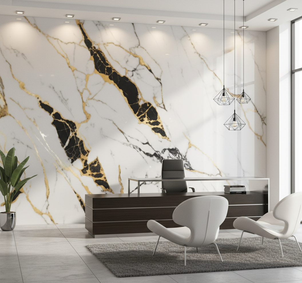 PVC nástěnný panel Carrara Paris 260 x 122 cm – Bílý zlatý mramorový vzhled, voděodolný & elegantní