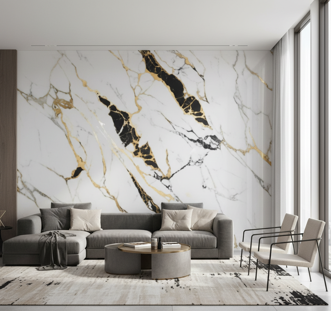 PVC nástěnný panel Carrara Paris 260 x 122 cm – Bílý zlatý mramorový vzhled, voděodolný & elegantní