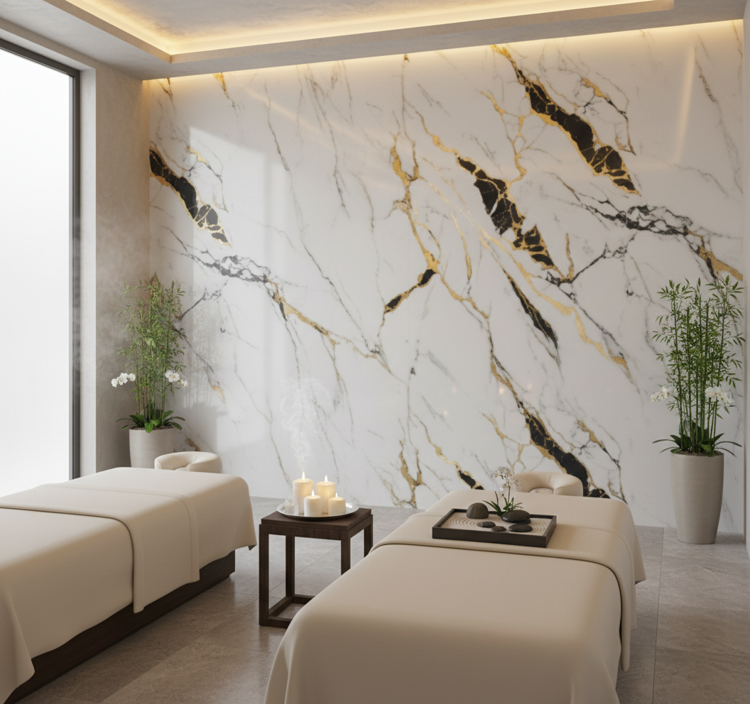 PVC nástěnný panel Carrara Paris 260 x 122 cm – Bílý zlatý mramorový vzhled, voděodolný & elegantní
