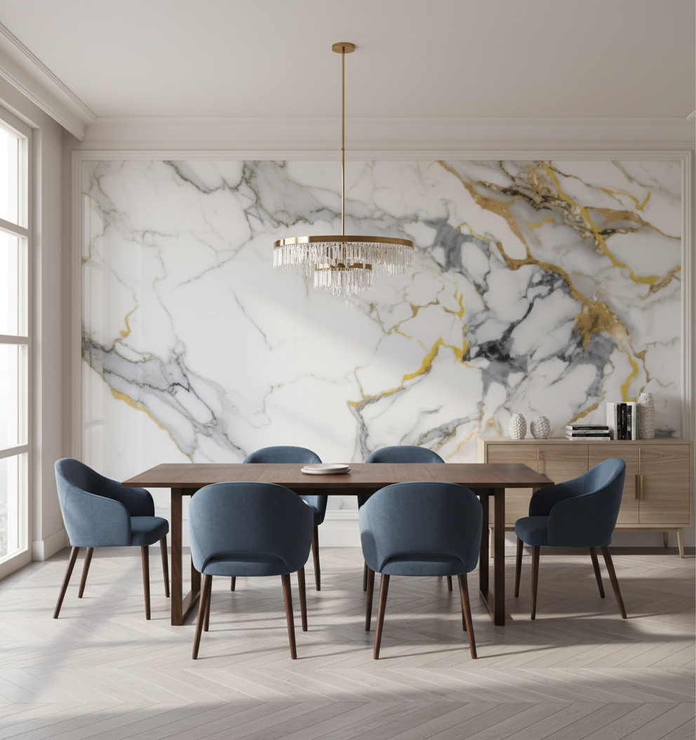 Panele ścienne PVC Oro Blue 260 x 122 cm – Szlachetne marmurowe w bieli, niebieskim i złocie