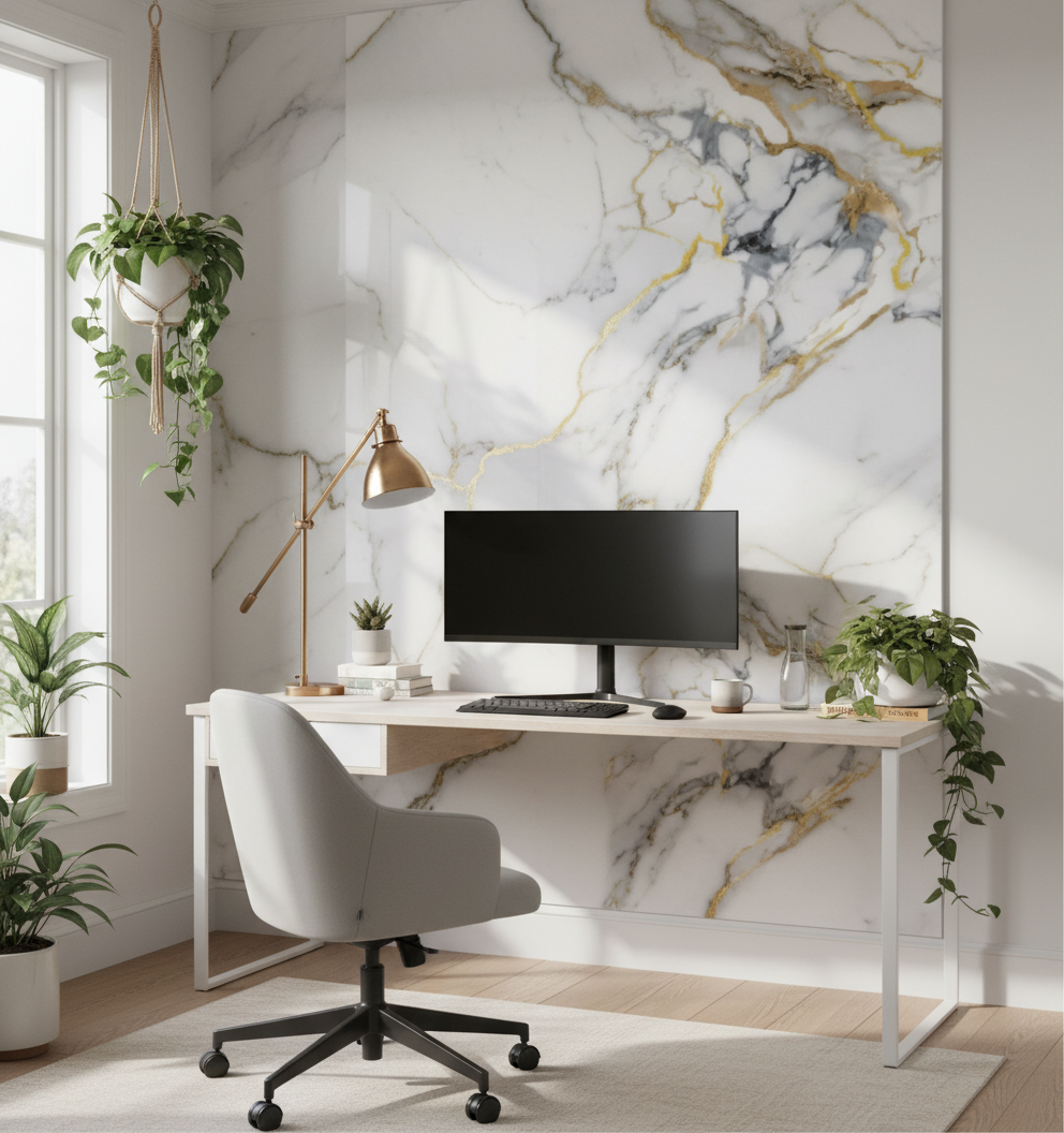 Panele ścienne PVC Oro Blue 260 x 122 cm – Szlachetne marmurowe w bieli, niebieskim i złocie