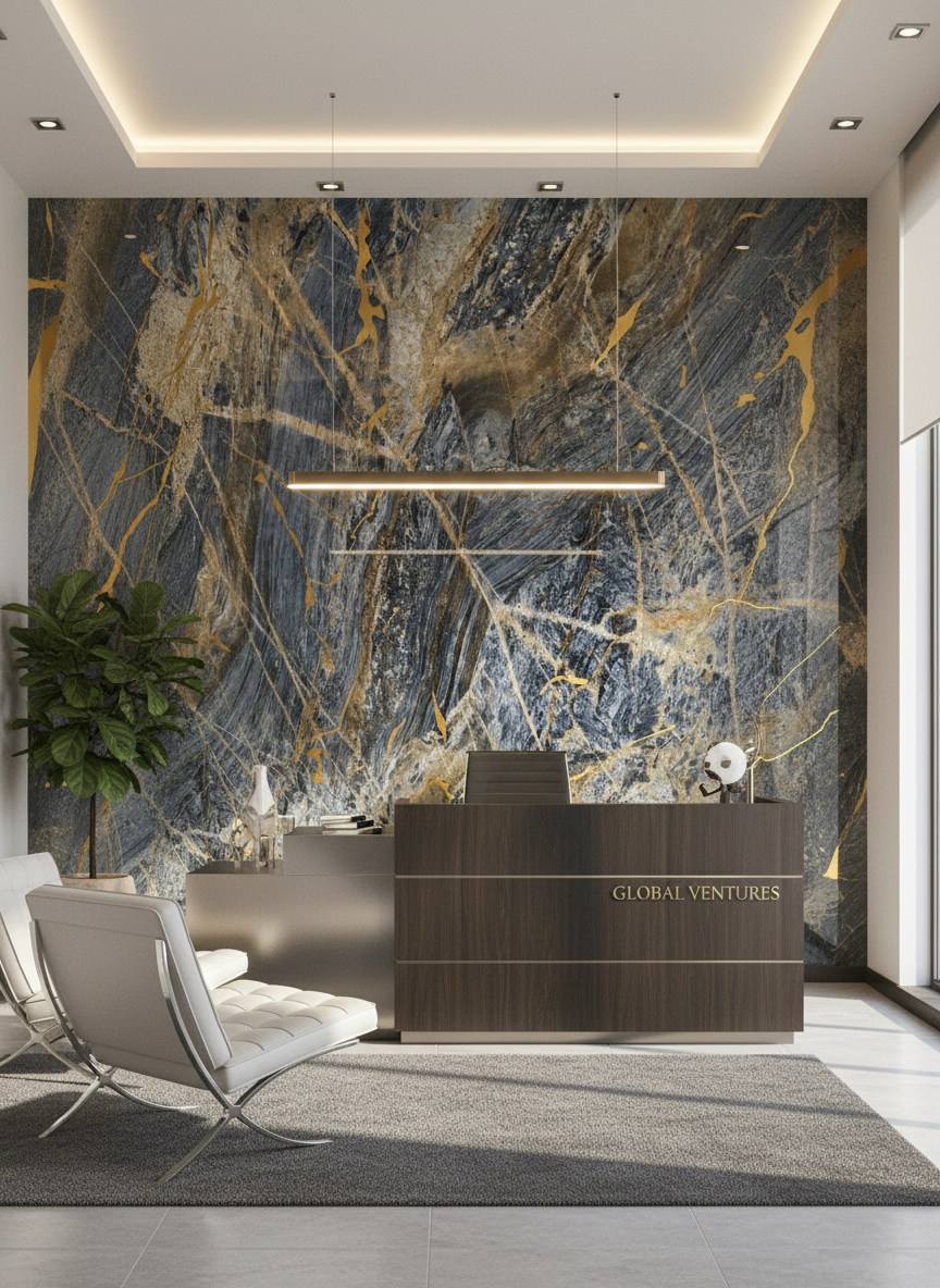 PVC nástěnný panel Onyx Blue 260 x 122 cm – Modro-zlatý mramorový vzhled, voděodolný & elegantní