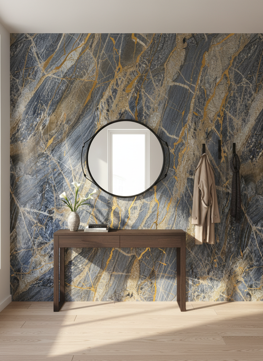 Panele ścienne PVC Onyx Blue 260 x 122 cm – Niebiesko-złote marmurowe, wodoodporne i eleganckie
