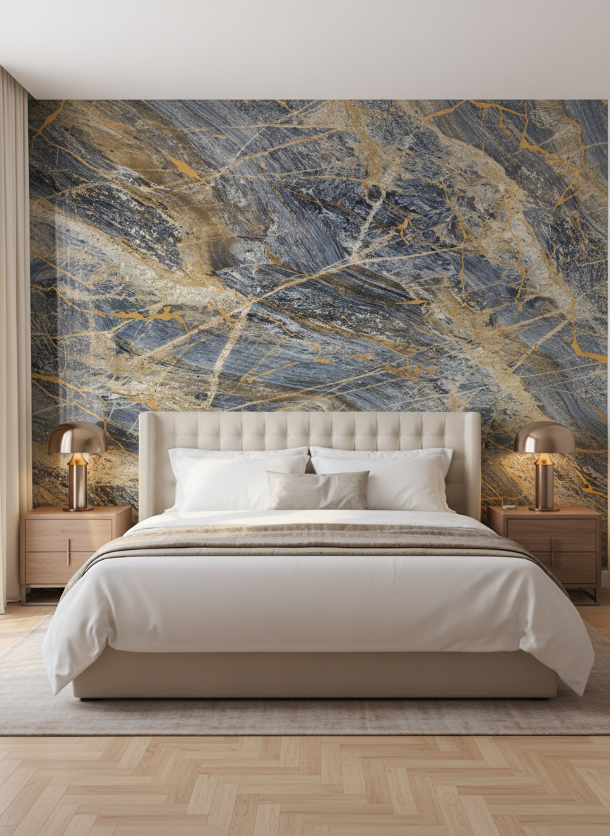 Panele ścienne PVC Onyx Blue 260 x 122 cm – Niebiesko-złote marmurowe, wodoodporne i eleganckie