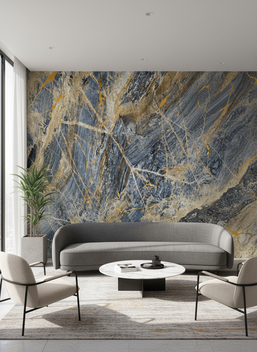 Panele ścienne PVC Onyx Blue 260 x 122 cm – Niebiesko-złote marmurowe, wodoodporne i eleganckie