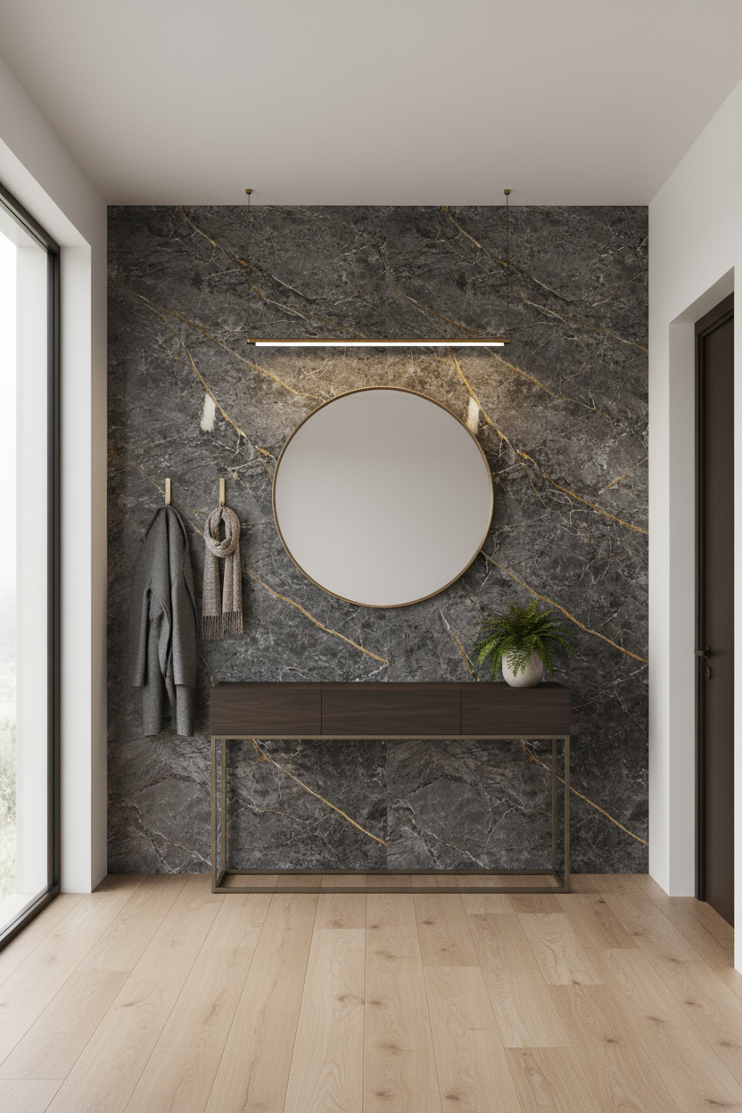Oriva Gold PVC vægpanel 280 x 122 cm – Gråt marmorlook med guldråder, moderne & vandtæt
