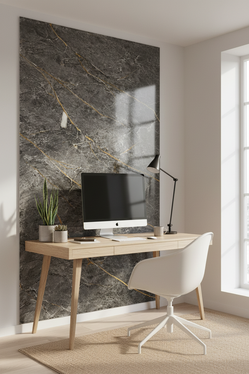 Oriva Gold PVC vægpanel 280 x 122 cm – Gråt marmorlook med guldråder, moderne & vandtæt