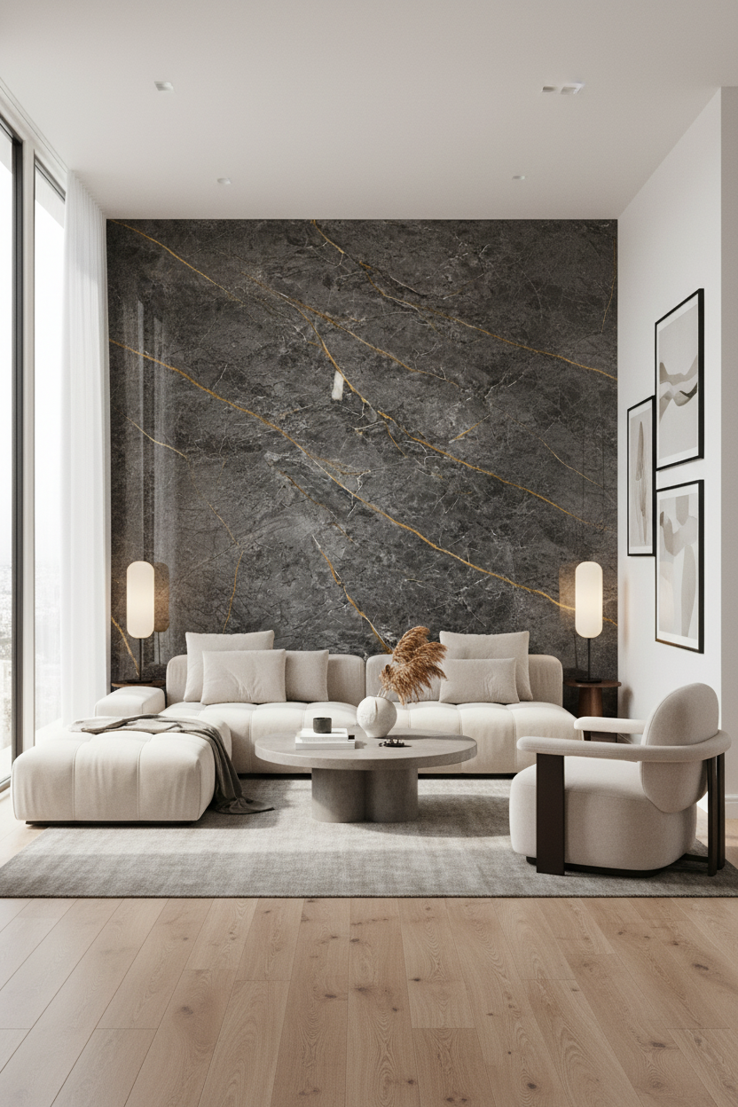 Oriva Gold PVC vægpanel 280 x 122 cm – Gråt marmorlook med guldråder, moderne & vandtæt