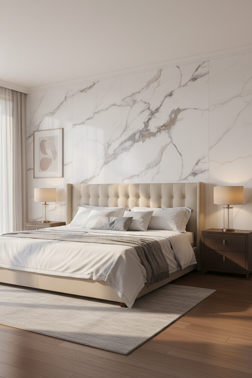 PVC nástěnný panel Calacatta Stone 280 x 122 cm – Bílý mramorový vzhled, elegantní & voděodolný